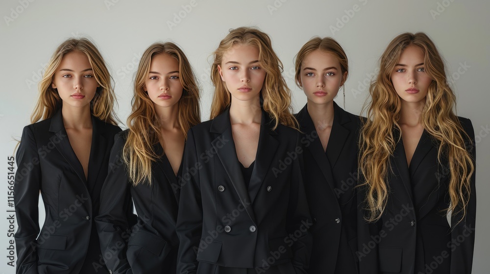 A group of five individuals in black suits, showcasing a fashion or modeling theme. A group of five individuals in black suits, showcasing a fashion or modeling theme.