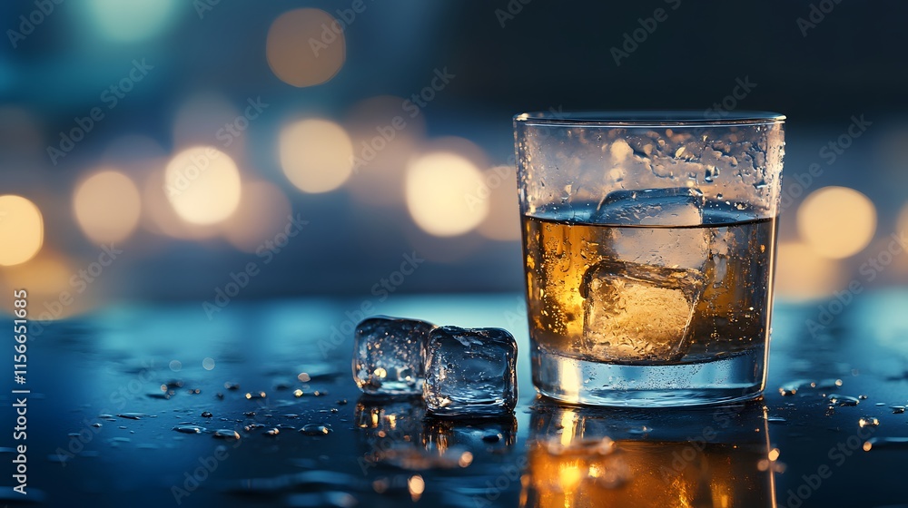 Golden Whiskey Drink Glass Ice Cubes Bokeh Background Golden Whiskey Drink Glass Ice Cubes Bokeh Background