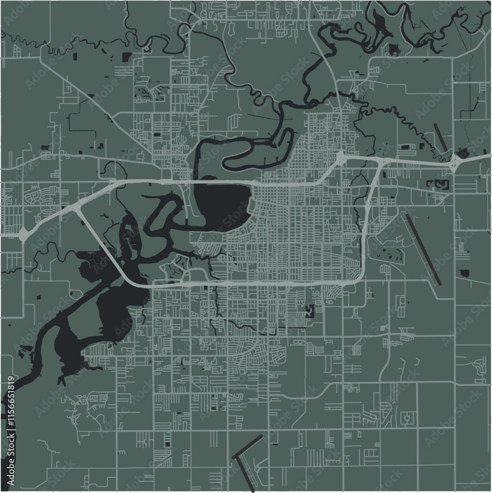 Fototapeta premium Map of Lake Charles in Louisiana in a smooth dark style. Contains layered vector with roads water, parks, etc.