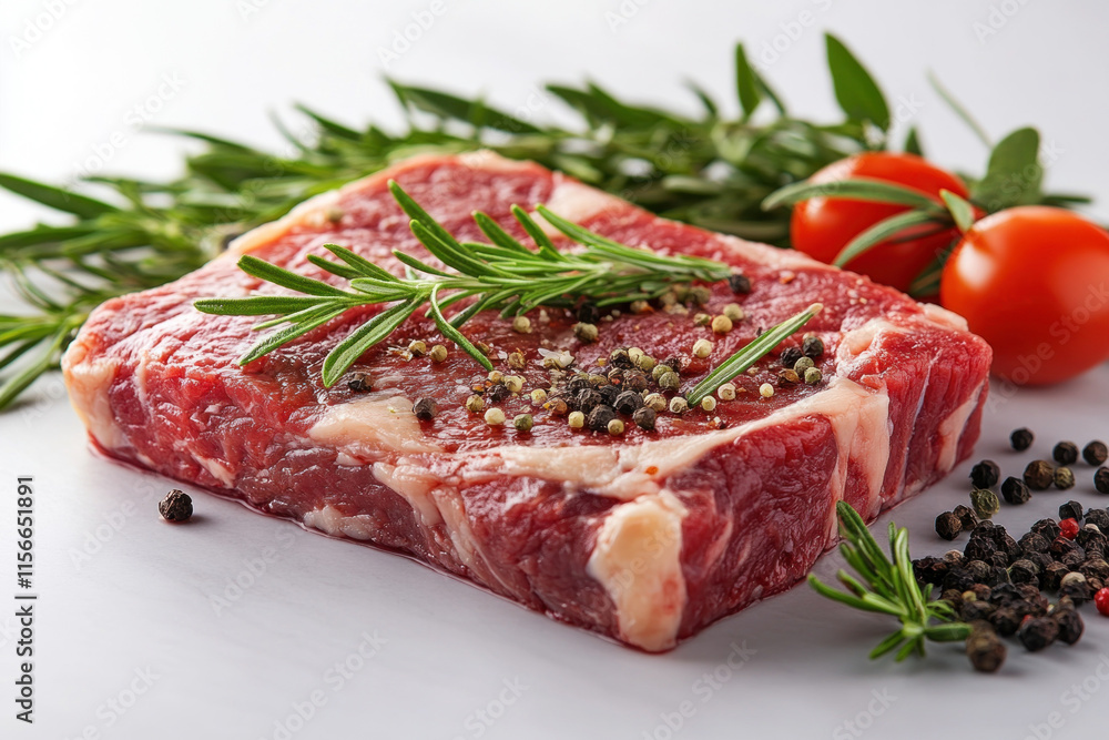 A piece of meat garnished with herbs and tomatoes on a white plate. A piece of meat garnished with herbs and tomatoes on a white plate.