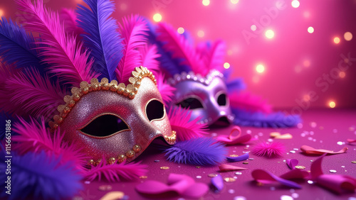 Carnival Masks with Feathers on Sparkling Pink Background, Mardi Gras Festive Celebration