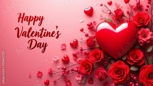 Romantic Valentine's Day Floral Arrangement, Vibrant Red and Heart Design