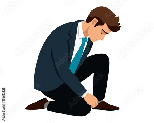 Businessman knees down on ground because of shame vector image, Isolated on white background.
