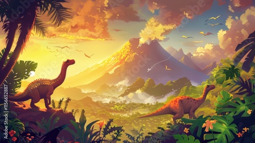 Fototapeta Naklejka Na Ścianę i Meble -  A vibrant prehistoric landscape featuring dinosaurs and a volcanic eruption at sunset.