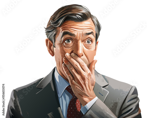 Retro businessman covered his mouth with secret vector image, Isolated on white background.
