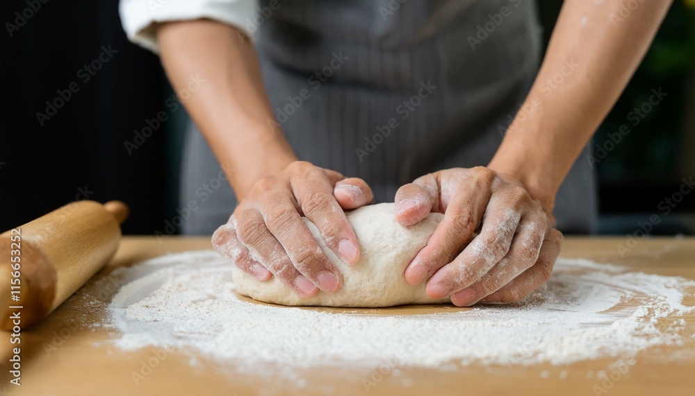 Hands knead dough, with a rolling pin nearby, showing the act of baking. Hands knead dough, with a rolling pin nearby, showing the act of baking.
