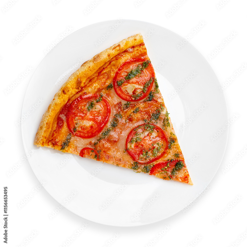 A slice of pizza with tomatoes and cheese, on a white background, isolated. Top view. A slice of pizza with tomatoes and cheese, on a white background, isolated. Top view.