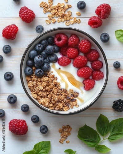 Fresh Breakfast Bowl with Berries and Granola Artful Food Flat Lay,