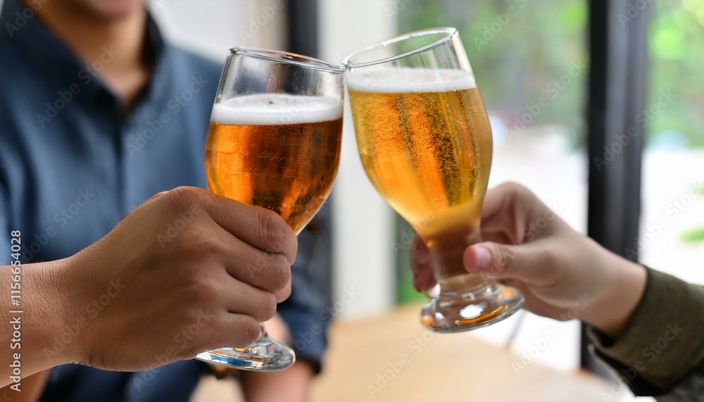 Hands hold and toast with glasses of beer, showing a social gathering. Hands hold and toast with glasses of beer, showing a social gathering.
