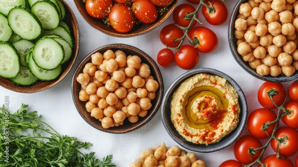 Healthy Lunch Spread with Fresh Vegetables and Hummus Artful Food Flat Lay, Healthy Lunch Spread with Fresh Vegetables and Hummus Artful Food Flat Lay,