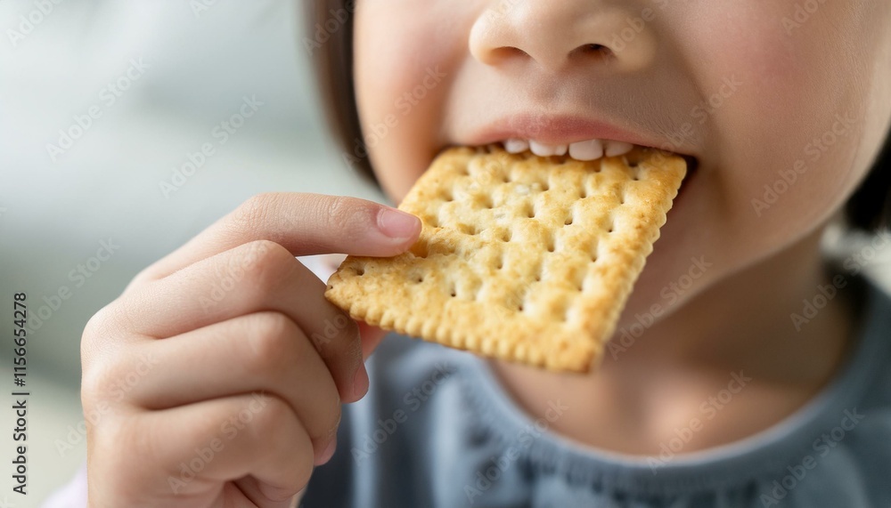 Child's hand holds a cracker as the child is eating, showing childhood eating. Child's hand holds a cracker as the child is eating, showing childhood eating.
