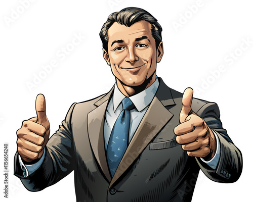 Happy businessman keeps his thumbs up retro comic vector image, Isolated on white background.
