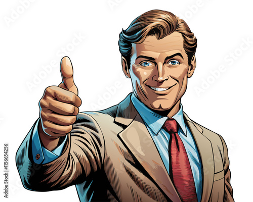 Happy businessman keeps his thumbs up retro comic vector image, Isolated on white background.
