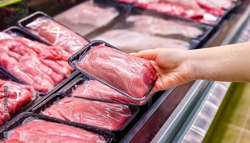 Hand reaches for a package of raw meat in a grocery store display.