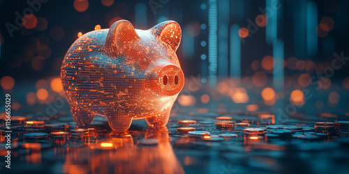 Digital piggy bank investment growth virtual environment 3d render futuristic city close-up perspective financial technology concept