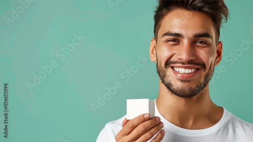 A smiling man holding a small white box against a teal background.