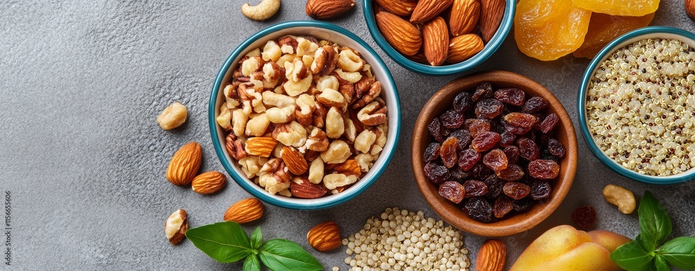 Wholesome Ingredients Featuring Quinoa and Nuts Artful Food Flat Lay, Wholesome Ingredients Featuring Quinoa and Nuts Artful Food Flat Lay,