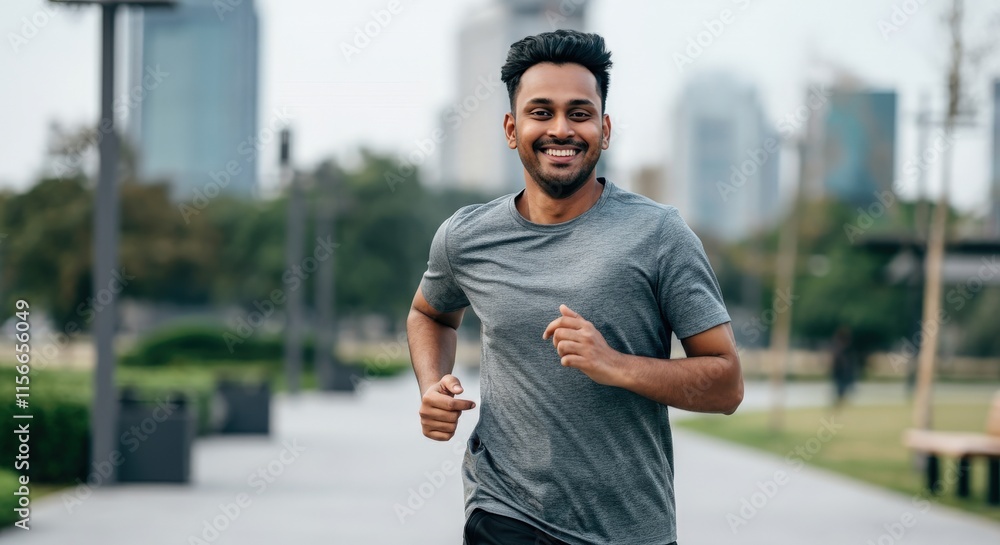 Young asian male enjoying morning run in urban park setting for health and fitness inspiration Young asian male enjoying morning run in urban park setting for health and fitness inspiration