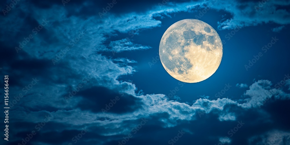 Radiant full moon glows in a blue cloudy sky, creating a captivating scene where the full moon illuminates the clouds, enhancing the beauty of the night sky with its enchanting presence. Radiant full moon glows in a blue cloudy sky, creating a captivating scene where the full moon illuminates the clouds, enhancing the beauty of the night sky with its enchanting presence.