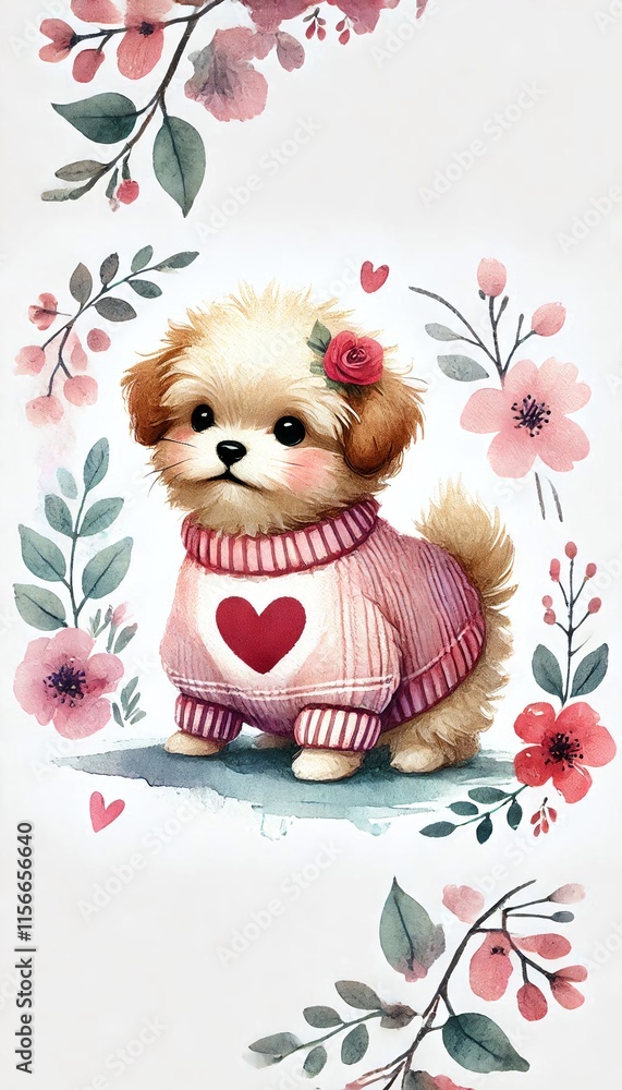 Fototapeta premium Cute dog wearing heart sweater illustration in watercolor style