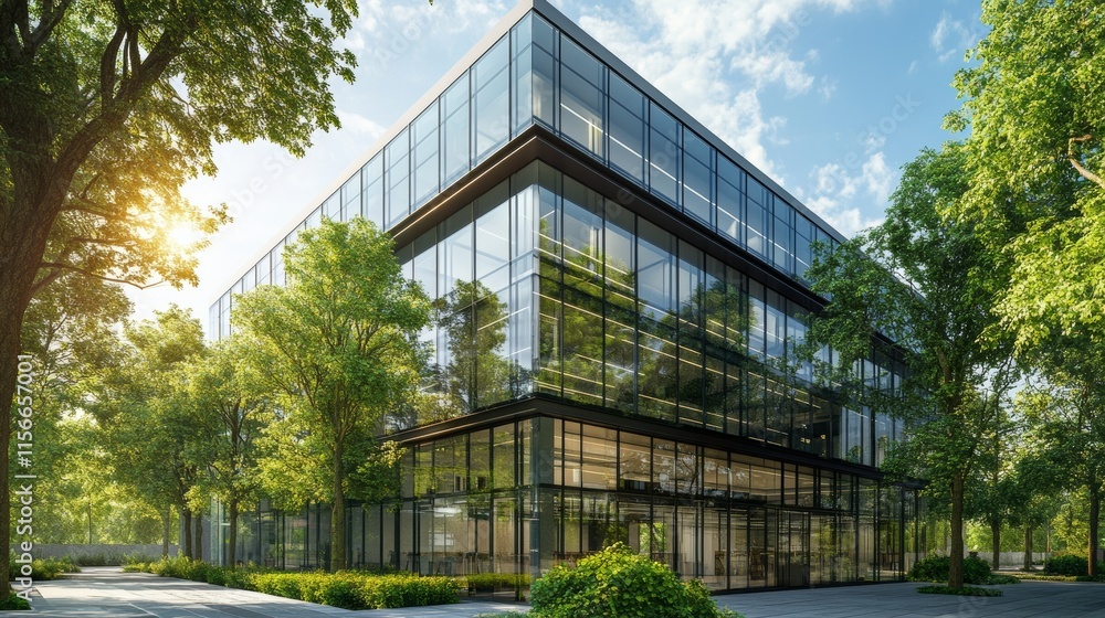 Fototapeta premium Modern glass office building with big trees around to reduce heat and carbon dioxide. Eco-friendly building and CO2 reduction corporate building. Sustainability concept