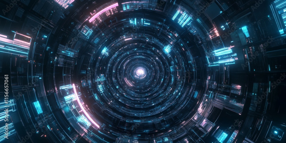 A futuristic data tunnel featuring luminous nodes exists within a circular universe, creating a mesmerizing spectacle of advanced technology and dynamic energy. A futuristic data tunnel featuring luminous nodes exists within a circular universe, creating a mesmerizing spectacle of advanced technology and dynamic energy.