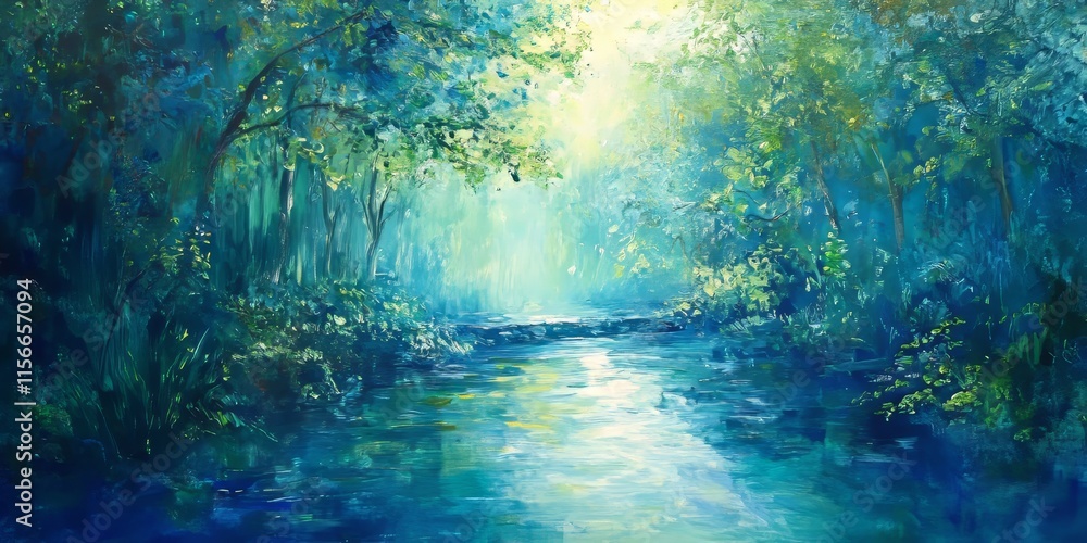 Obraz premium A stroll in nature revealed a stunning scene filled with shades of blue and green, providing a sense of tranquility and peace that only nature can offer. Enjoy the beauty of nature s vibrant palette.
