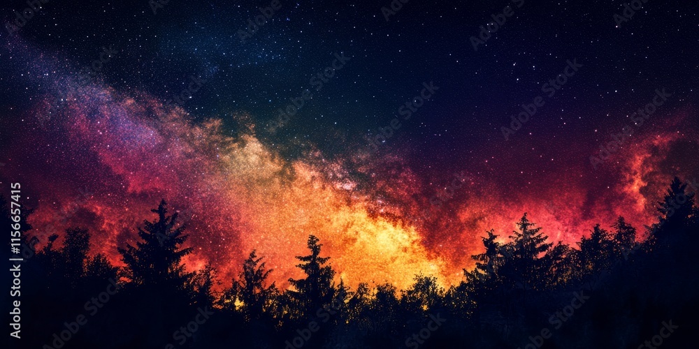 Colorful Milky Way galaxy illuminates the night sky, casting vibrant hues over dark trees on the horizon, creating a vintage old look of the breathtaking Milky Way galaxy. Colorful Milky Way galaxy illuminates the night sky, casting vibrant hues over dark trees on the horizon, creating a vintage old look of the breathtaking Milky Way galaxy.
