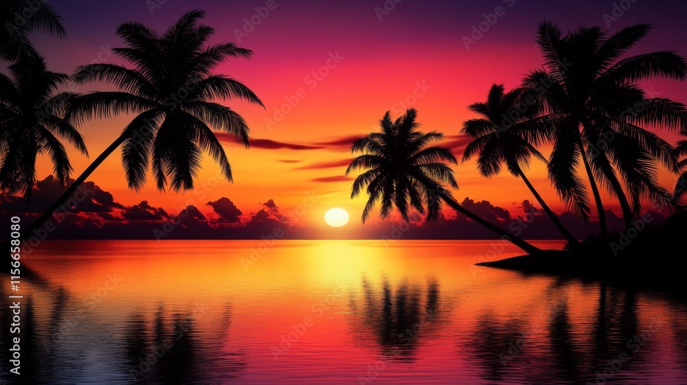 Tropical sunset landscape with gradient sky, silhouetted palm Silhouette of trees Tropical sunset landscape with gradient sky, silhouetted palm Silhouette of trees