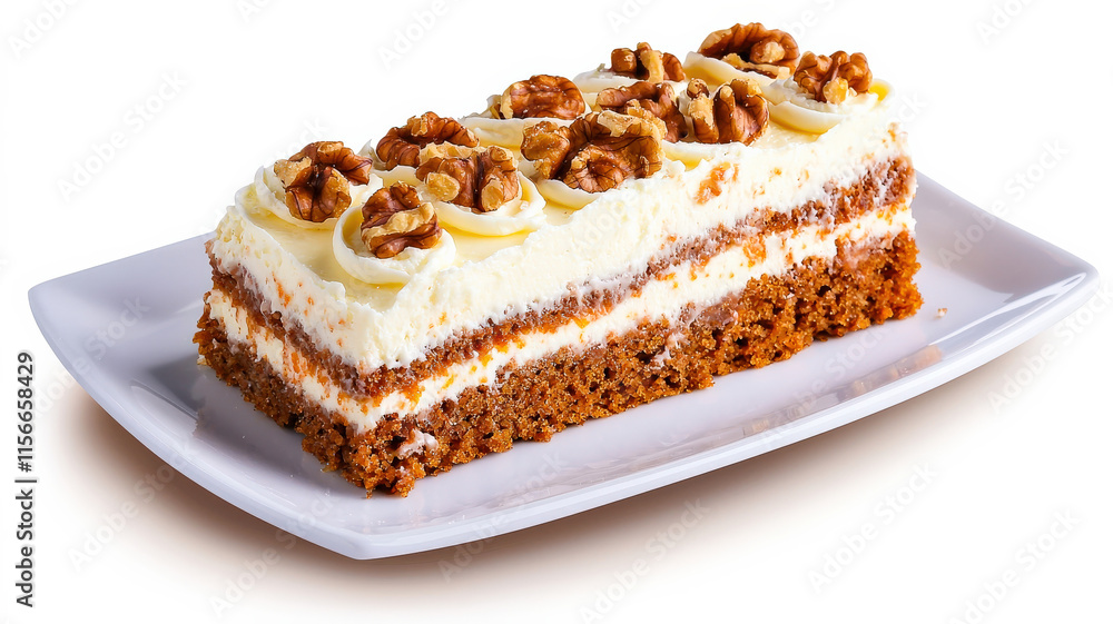 A slice of carrot cake topped with cream cheese frosting and walnuts, elegantly presented on a white plate, showcasing its moist layers and delightful texture.
A slice of carrot cake topped with cream cheese frosting and walnuts, elegantly presented on a white plate, showcasing its moist layers and delightful texture.