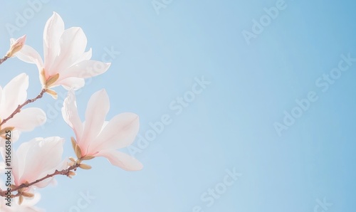 Close-up of Magnolias in Full Bloom Against a Clear Blue Sky, Spring Floral Background photo