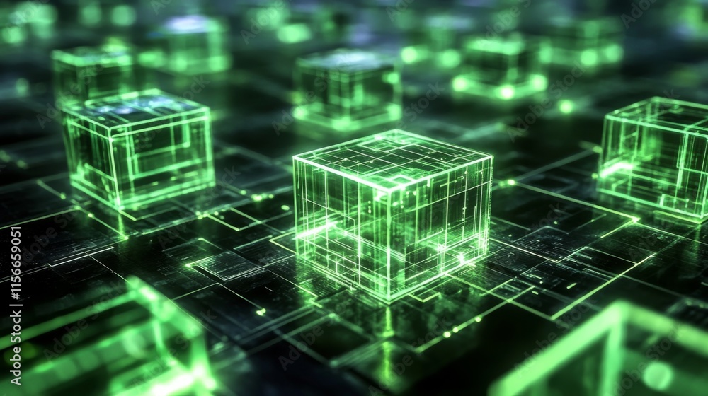Fototapeta premium Glowing Green Glass Cubes in Futuristic Grid Pattern components integrating into