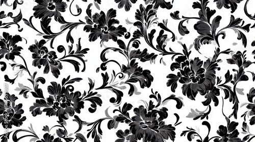 Black and White Floral Damask Seamless Pattern Design