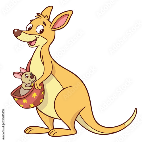 A cheerful kangaroo with a baby joey peeking out from its pouch