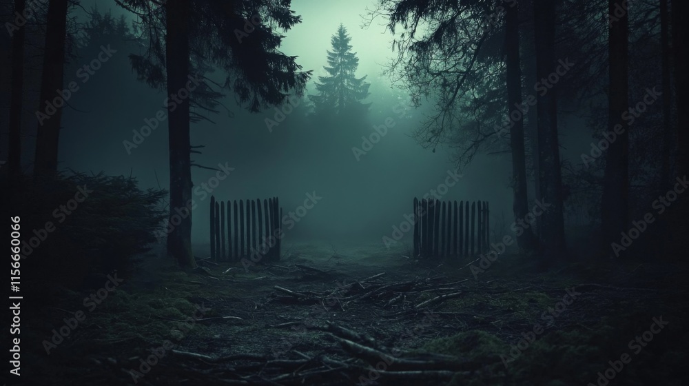 Obraz premium Eerie and mysterious foggy forest scene with tall Spooky misty