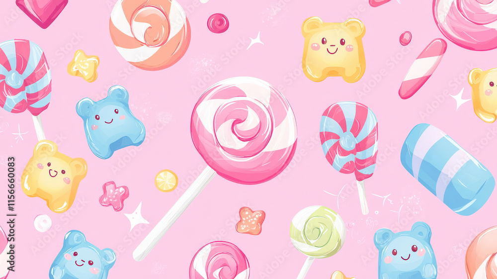 Obraz premium A smooth pink background features cute kawaii lollipops, candy swirls, and gummy bears, all designed with smiling faces and soft, pastel colors, creating a sweet and fun vibe.