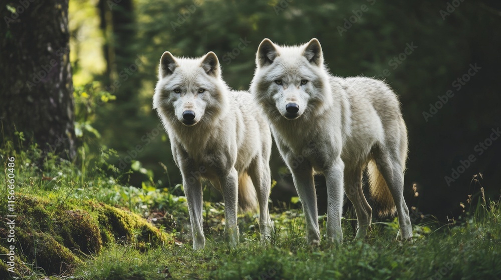Majestic Arctic Wolves in their Forest Habitat Majestic Arctic Wolves in their Forest Habitat