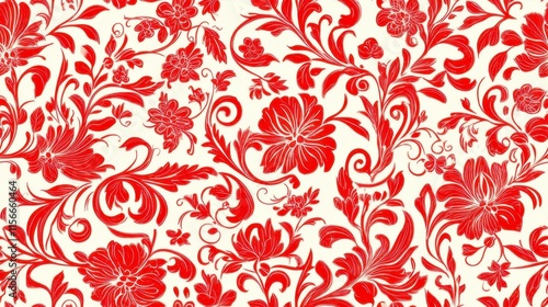 Red Floral Damask Pattern, Elegant Vintage Textile Design