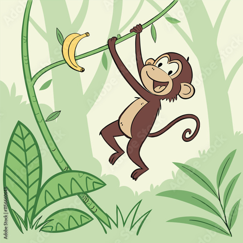 A grinning monkey swinging on a vine with a banana in hand Illustrator Artwork