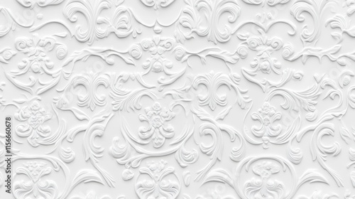 Elegant White 3D Embossed Floral Damask Pattern Background
