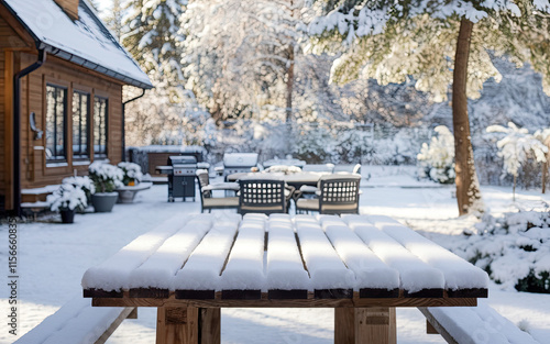 Wallpaper Mural Serene Winter Scene with Wooden Table Covered in Snow, Overlooking Snow-Covered Backyard and Wooden House, Snow-Laden Trees and Patio Furniture Set, Sunlight Casting Warm Glow on Snowy Landscape Torontodigital.ca
