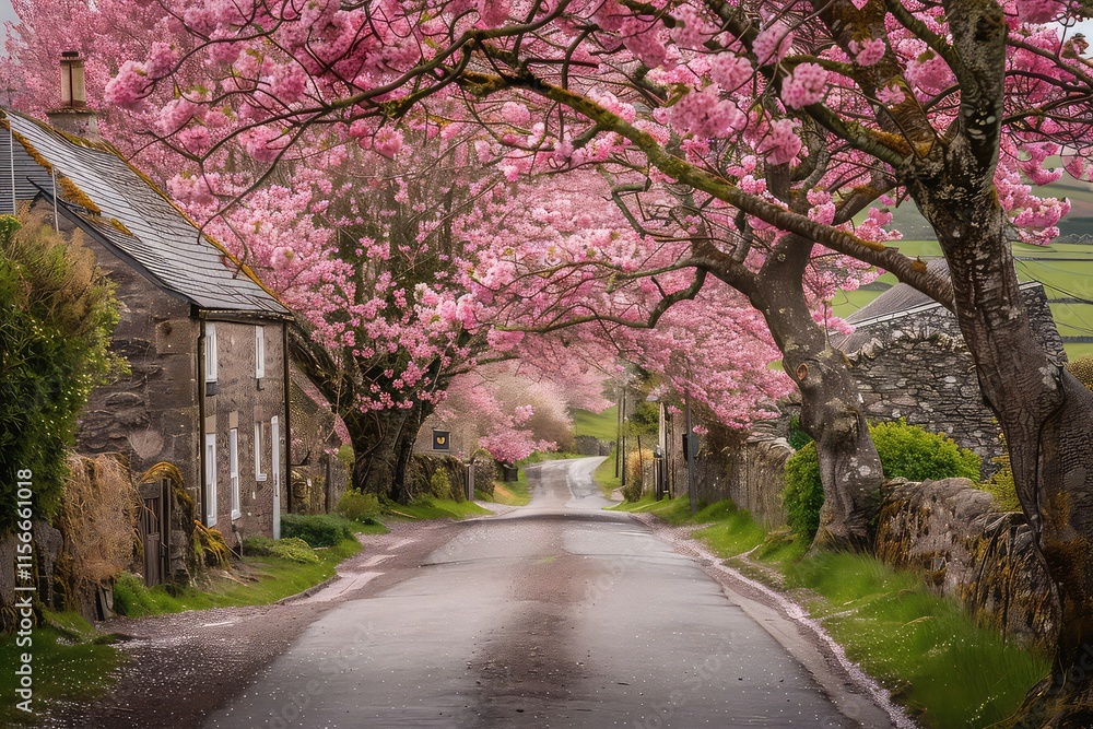 A tranquil pagoda surrounded by cherry blossom trees A tranquil pagoda surrounded by cherry blossom trees