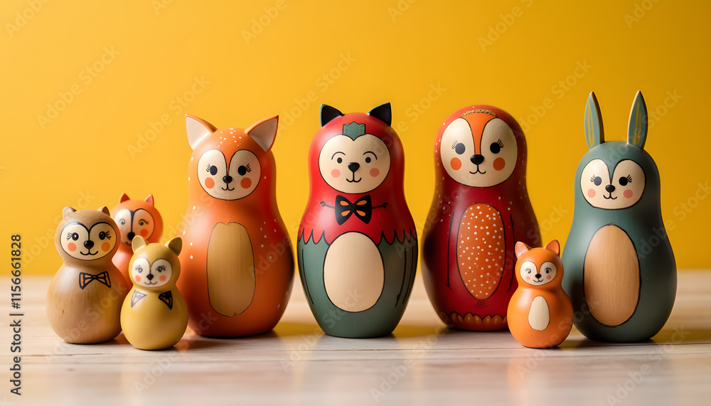 Fototapeta premium Toys from Khokhloma: A set of wooden toys matreshka animals painted in traditional style on a bright background.