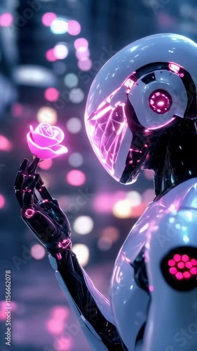 Futuristic robot holding glowing rose in cyberpunk neon cityscape.