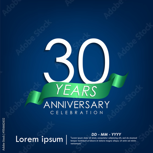 30th years anniversary celebration emblem. anniversary elegance white logo with green ribbon on blue background, vector illustration template design for web, flyers, greeting and invitation card
