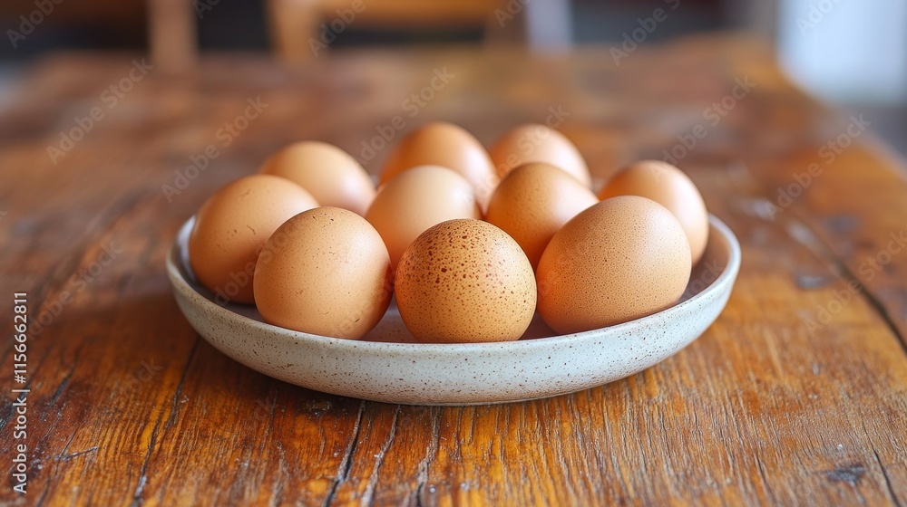 Close up of a plate of eggs, captured from a side view, beautifully displayed on an aged wooden kitchen table, emphasizing the deliciousness of the eggs served elegantly. Close up of a plate of eggs, captured from a side view, beautifully displayed on an aged wooden kitchen table, emphasizing the deliciousness of the eggs served elegantly.