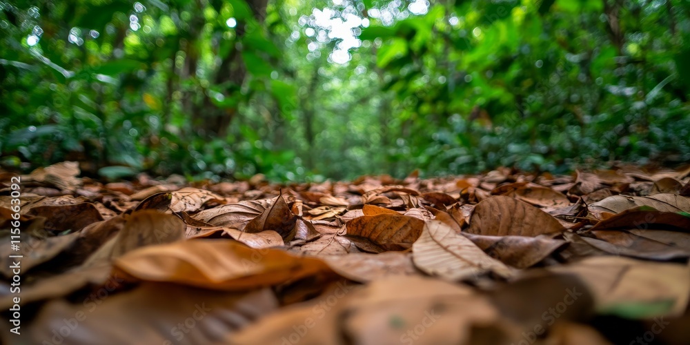 A detailed view of dried leaves scattered on the forest floor, surrounded by lush green trees, showcasing the stunning beauty of natures vibrant landscape. A detailed view of dried leaves scattered on the forest floor, surrounded by lush green trees, showcasing the stunning beauty of natures vibrant landscape.