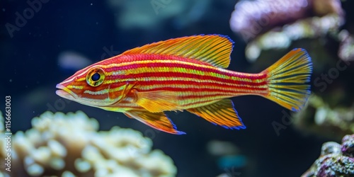 A tropical sea fish featuring vibrant red stripes showcases the beauty of underwater life. This striking tropical sea fish is perfect for illustrating marine biodiversity and aquatic environments. photo