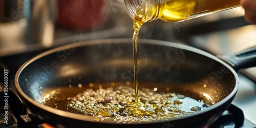 Pouring vegetable oil into a frying pan brings a delightful sizzle, enhancing the cooking experience. The act of pouring vegetable oil into the frying pan is essential for achieving the perfect dish. photo