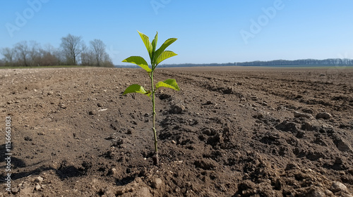 Einzelner kleiner Baum bzw auch Setzling wächst einsam und allein in einer endlos weiten Landschaft auf einem Feld bzw Weg Anpassungsfähigkeit von Pflanzen Generative AI photo